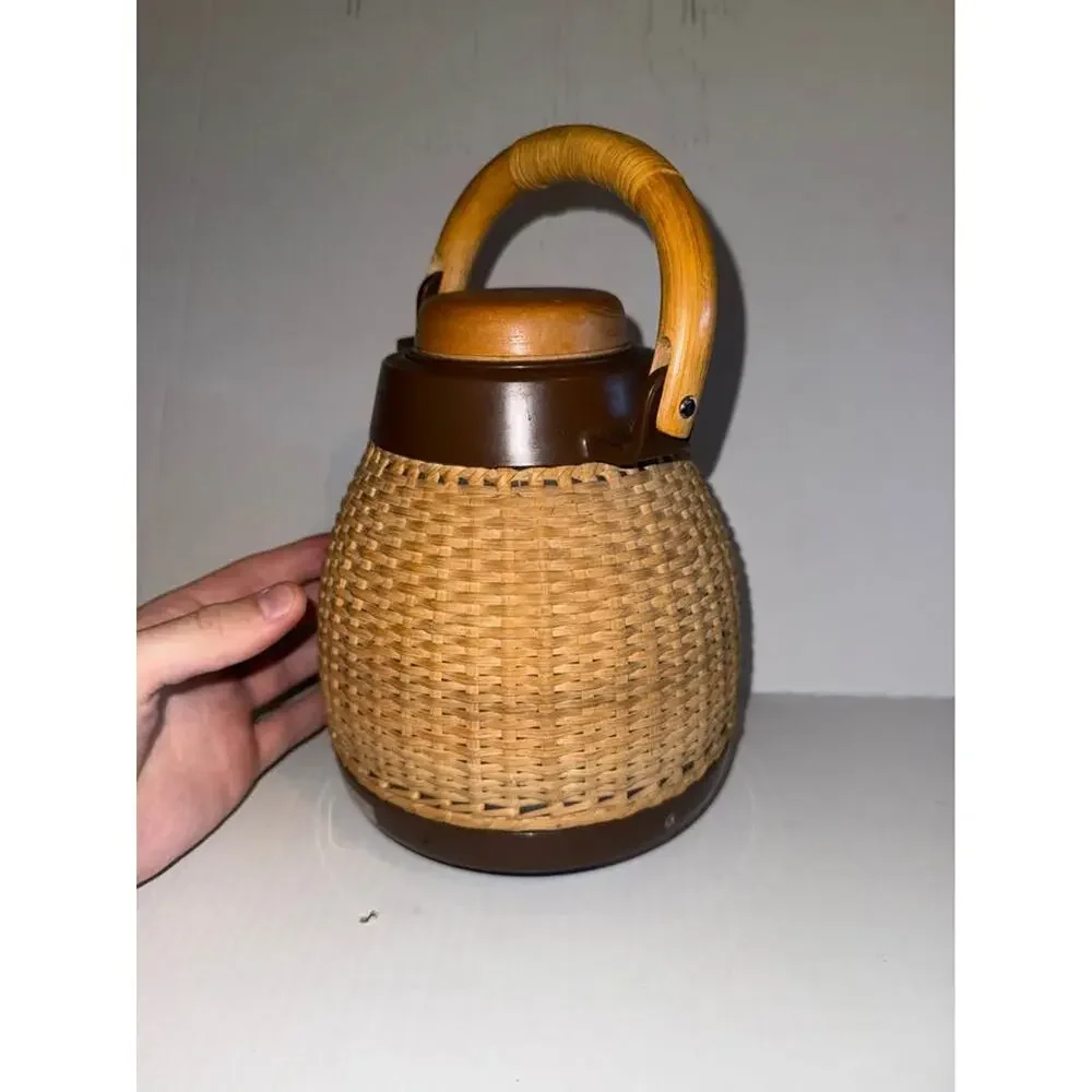 Vintage Corning Designs Rattan Wicker Coffee Carafe Tea Pot Bamboo Made In Japan